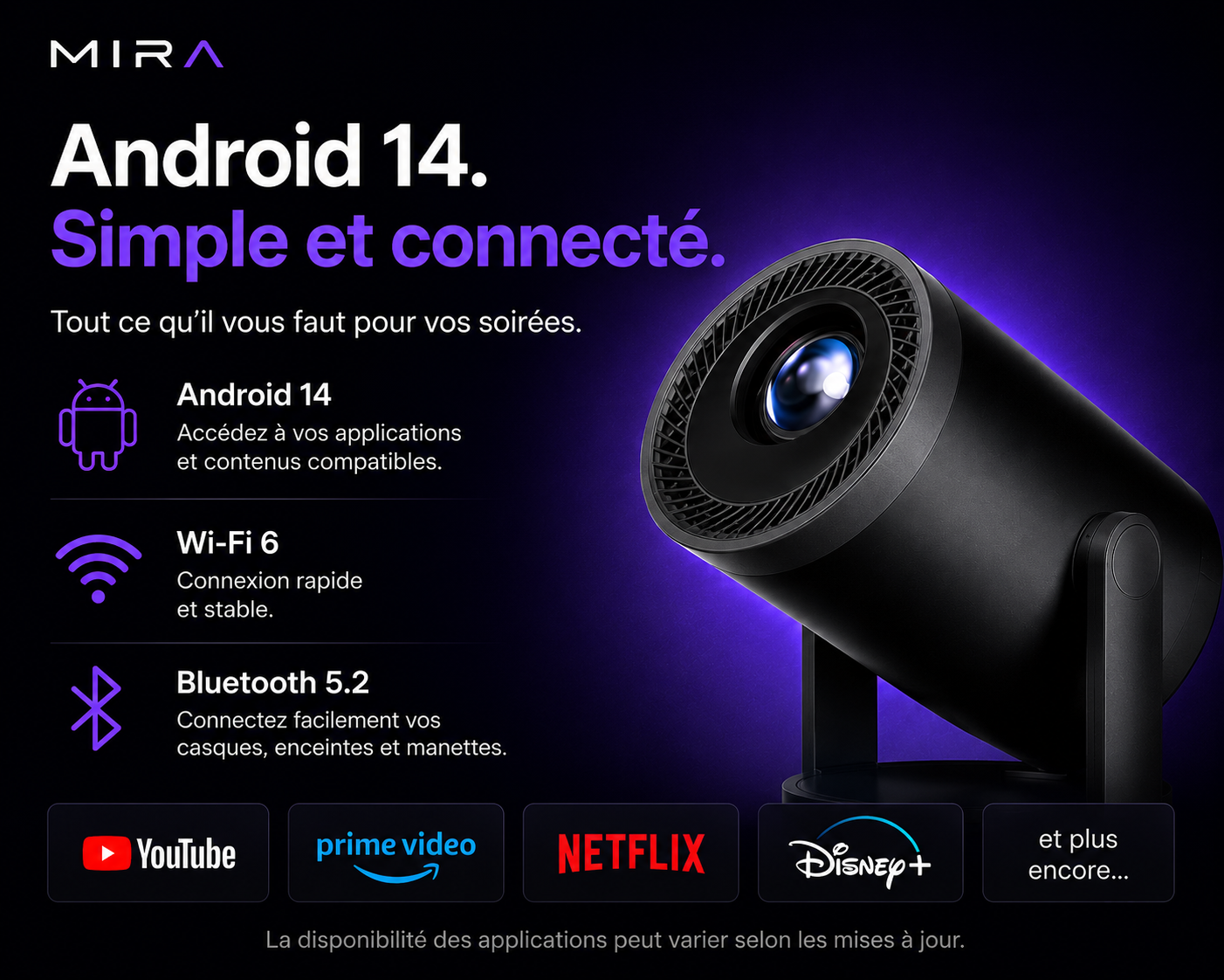 MIRA Vision Mini — Android 14, Wi-Fi 6, Bluetooth 5.2, compatible YouTube, Prime Video, Netflix, Disney+